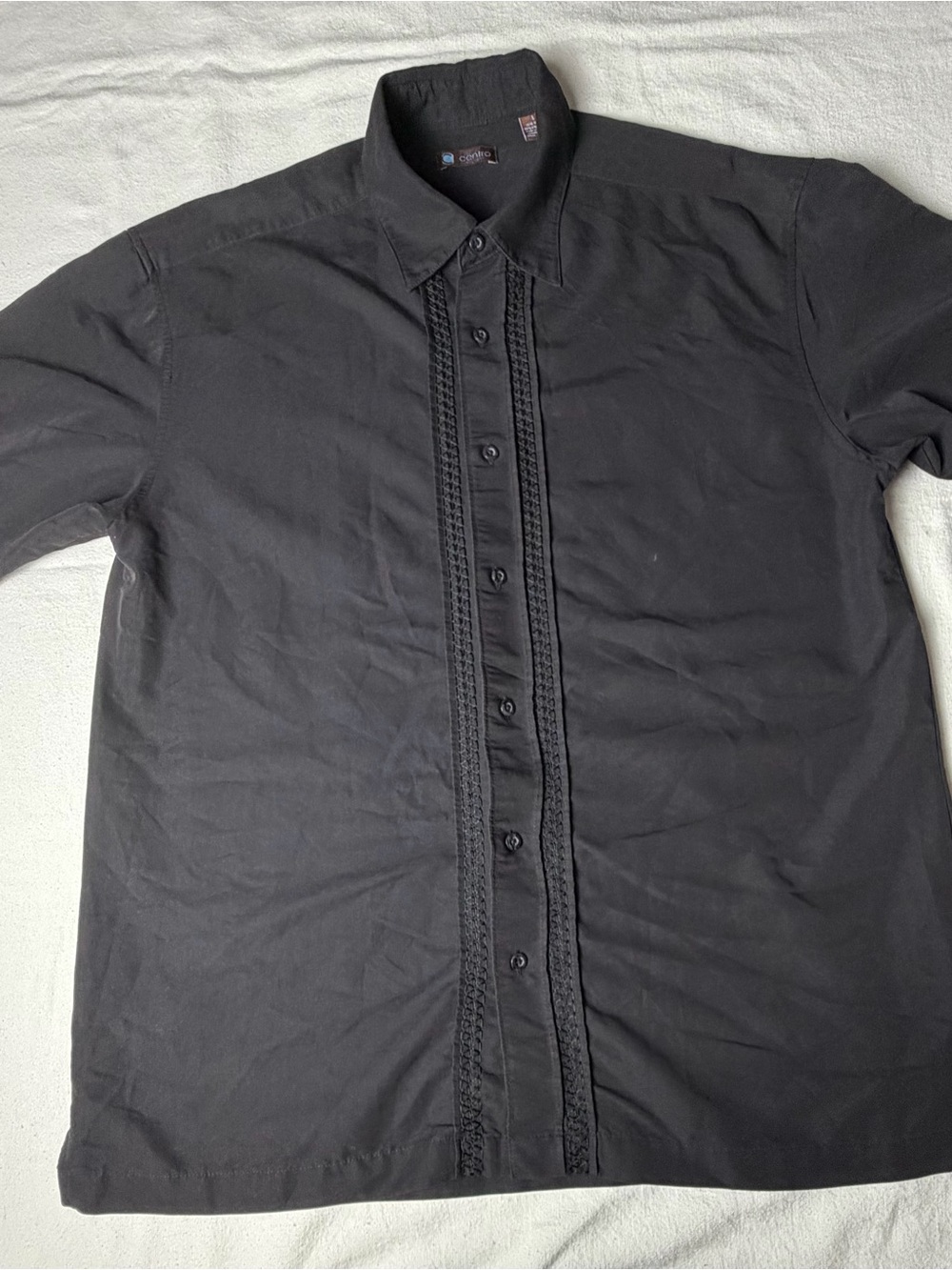 Centro Black Short-Sleeve Button-Down Shirt with Braided Placket